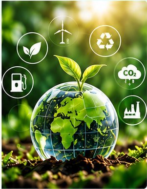 Glass globe on soil with a seedling and sustainability icons